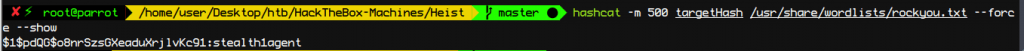 Hashcat cracking heist creds